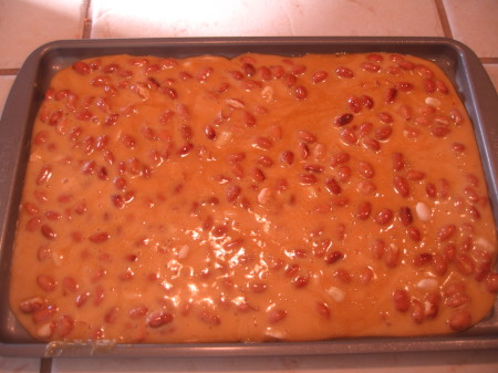 habenero honey peanut brittle on baking sheet