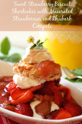 Sweet Strawberry Shortcake made with rhubarb compote for a sweet-tart flavor.