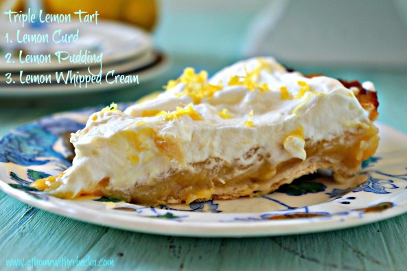 Triple lemon tart is a delicious and easy summer dessert. Layers of tart lemon curd and lemon pudding nestled into a flaky crust, with a topping of freshly whipped cream. 