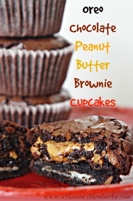 Brownie cupcakes, filled with peanut butter and chocolate Oreo cookies. A dessert recipe that is sure to satisfy your sweet tooth!