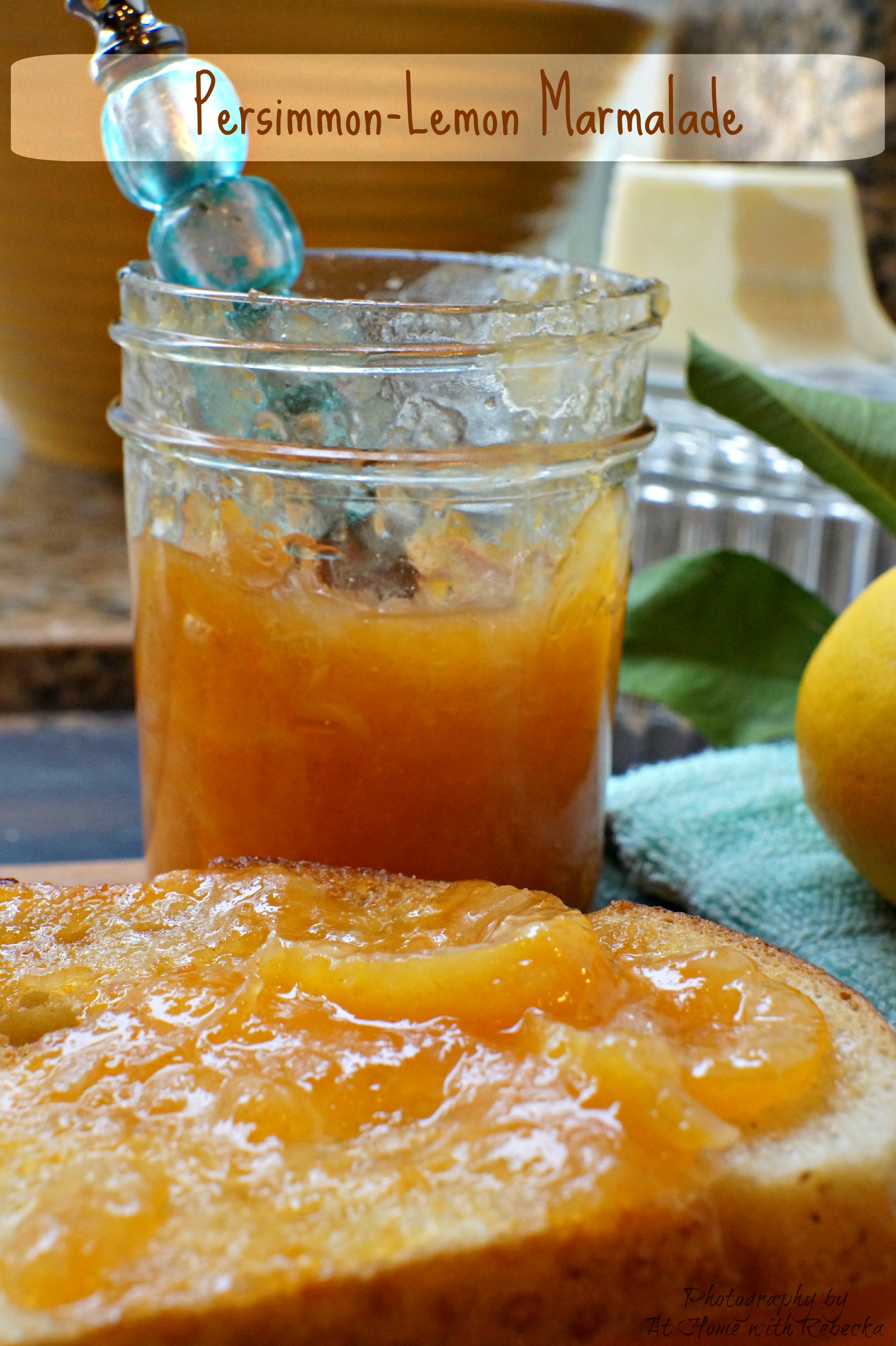 Persimmon lemon marmalade is a creamy, tart condiment, perfect for spreading onto toast and biscuits.