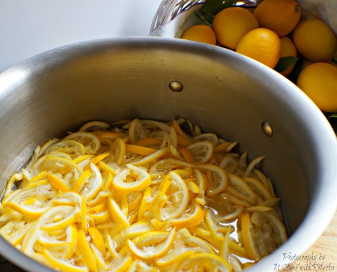 steeping lemon peels to make lemon marmalade