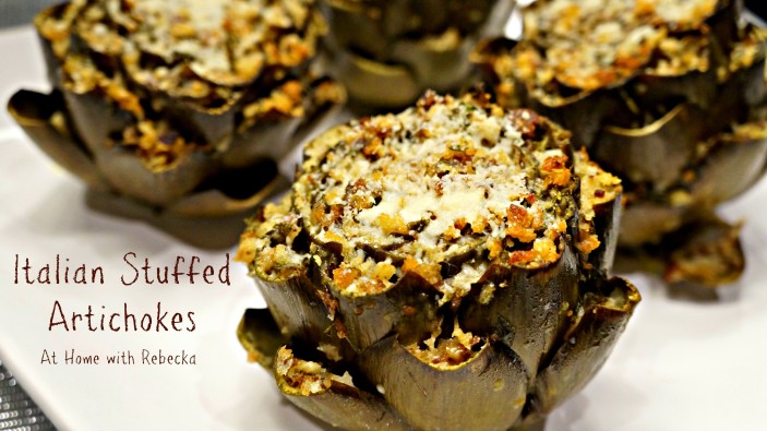 Italian stuffed artichokes are a delicious baked artichoke appetizer. Fresh artichokes are stuffed with fresh herbs, Parmesan cheese and breadcrumbs, then baked until golden.
