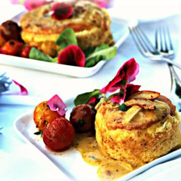 Garlic & Goat Cheese Bacon Soufflé with Creamy Garlic Mustard Sauce and Blistered Garlic Grape Tomatoes