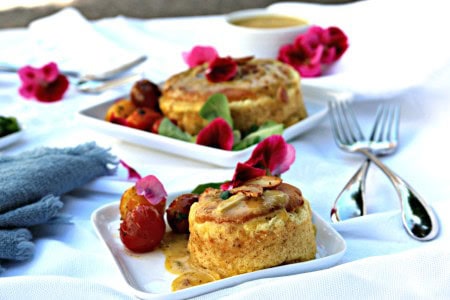 Garlic & Goat Cheese Bacon Soufflé with Creamy Garlic Mustard Sauce and Blistered Garlic Grape Tomatoes