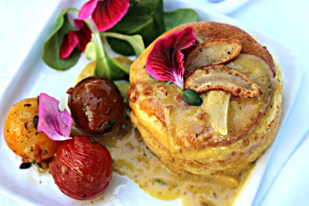 Garlic & Goat Cheese Bacon Soufflé with Creamy Garlic Mustard Sauce and Blistered Garlic Grape Tomatoes