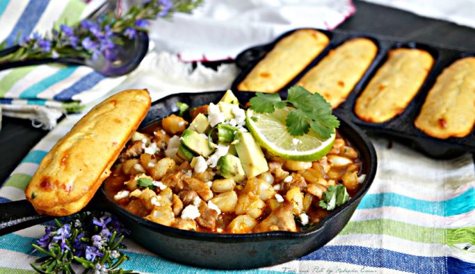Southwestern Posole Stew with Jalapeño Cheddar Corn Sticks is a hearty and spicy pork stew dinner.