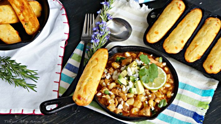 Southwestern Posole Stew with Jalapeno Cheddar Corn Sticks