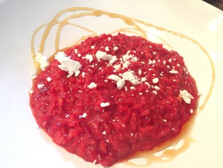 Red Beet Risotto with goat cheese and honey