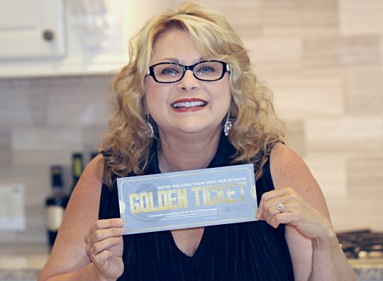 Rebecka Evans and her Golden Ticket to the World Food Championships. She earned her ticket for her award winning Saucy Mama inspired huevos rancheros recipe!