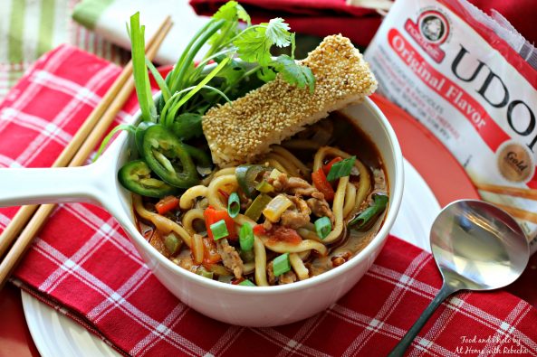 Pork and Pepper Udon Soup with Sesame Rice Sticks