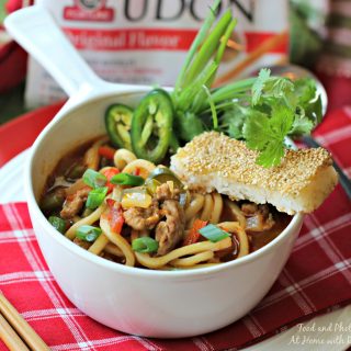 Pork and Pepper Udon Soup with Sesame Rice Sticks