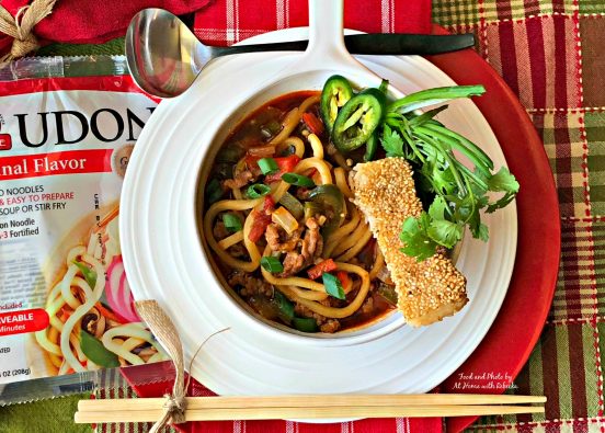 Pork and Pepper Udon Soup with Sesame Rice Sticks