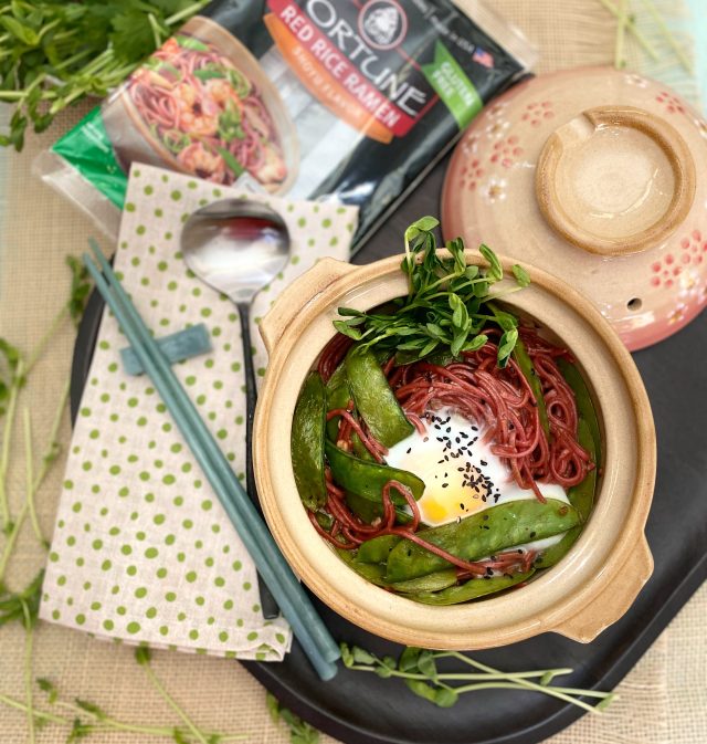 Red Rice Ramen Stir Fry Snow Peas and Pea Shoots