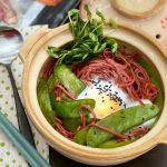 Red Rice Ramen Stir Fry Snow Peas and Pea Shoots