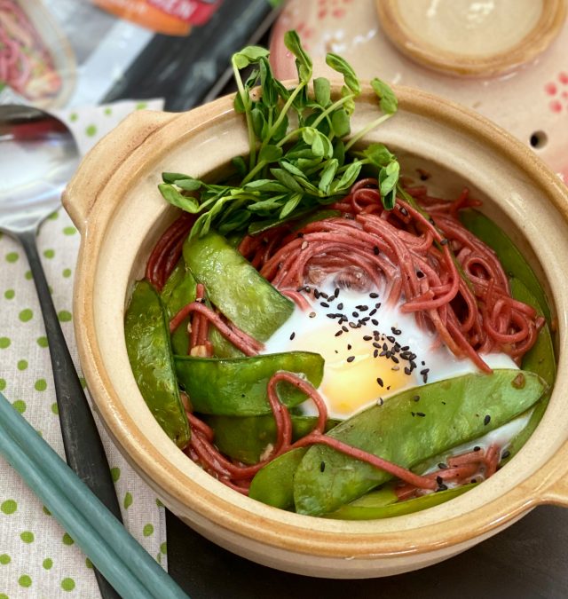 Red Rice Ramen Stir Fry Snow Peas and Pea Shoots