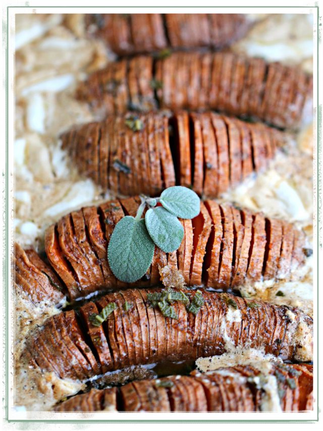 Hasselback Sage and Quince Sweet Potato Bake