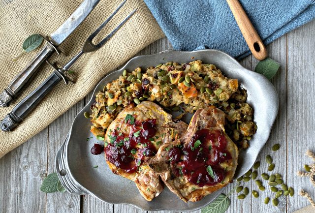 Grilled Pork Chops with Sage Stuffing and Hot Cranberry Sauce