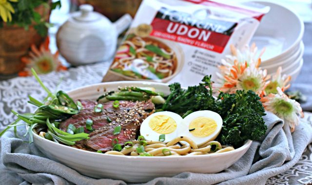 Shoyu Steak and Egg Udon with Ginger Chili Broccolini