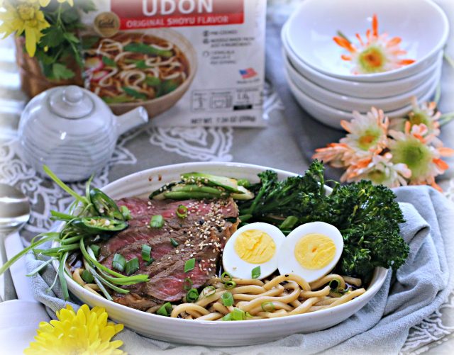 Shoyu Steak and Egg Udon with Ginger Chili Broccolini