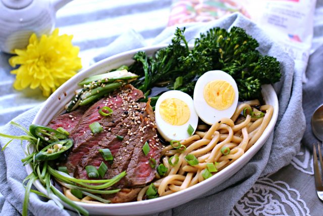 Shoyu Steak and Egg Udon with Ginger Chili Broccolini