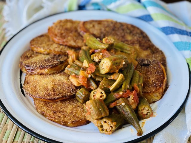 Fried Green Tomatoes with Okra and Red Tomato Saute