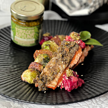 - Crispy Skin Salmon with Sea Asparagus Pesto, Balsamic Pesto Brussels Sprouts and Cranberry Relish