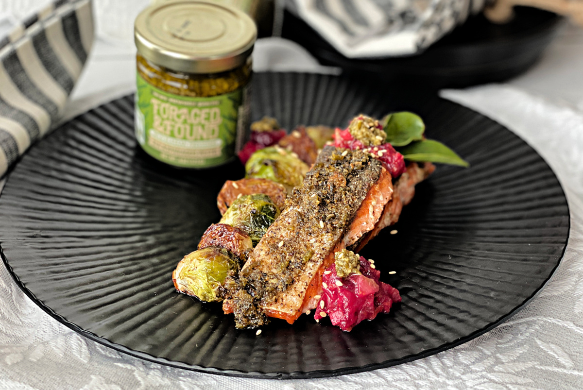 Crispy Skin Salmon with Sea Asparagus Pesto, Balsamic Pesto Brussels Sprouts and Cranberry Relish.