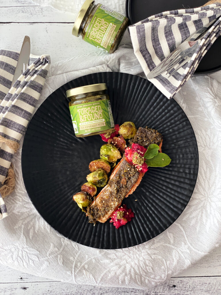 Crispy Skin Salmon with Sea Asparagus Pesto, Balsamic Pesto Brussels Sprouts and Cranberry Relish.