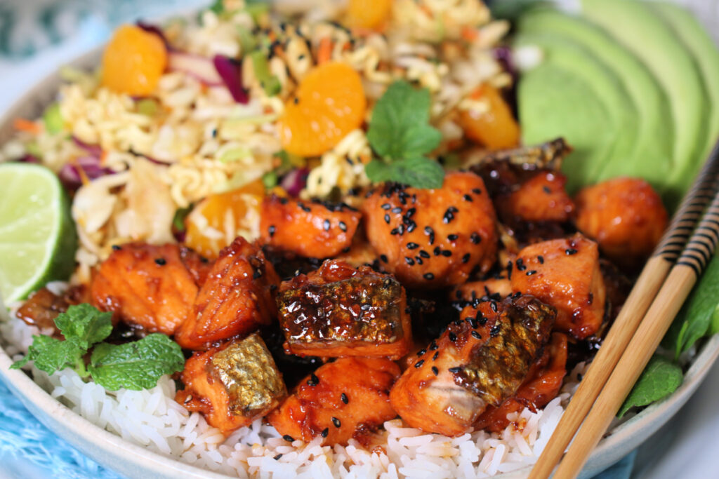 Crispy Skin Salmon Salad Rice Bowl